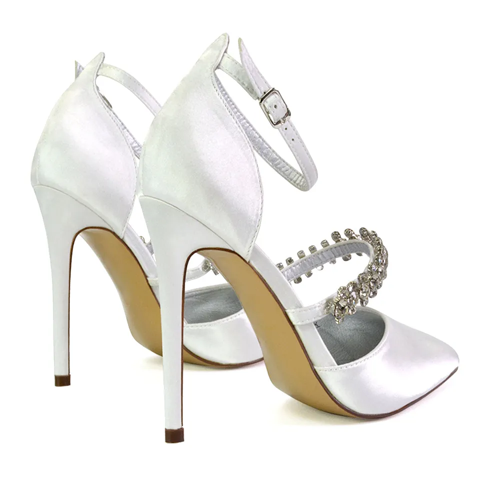 Giana Pointed Toe Strappy Stiletto High Heel Court Wedding Shoes in Silver Glitter