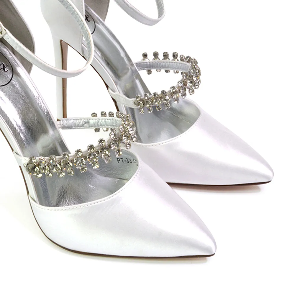 Giana Pointed Toe Strappy Stiletto High Heel Court Wedding Shoes in Silver Glitter