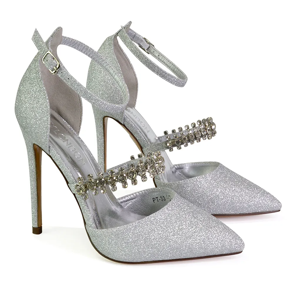 Giana Pointed Toe Strappy Stiletto High Heel Court Wedding Shoes in Silver Glitter