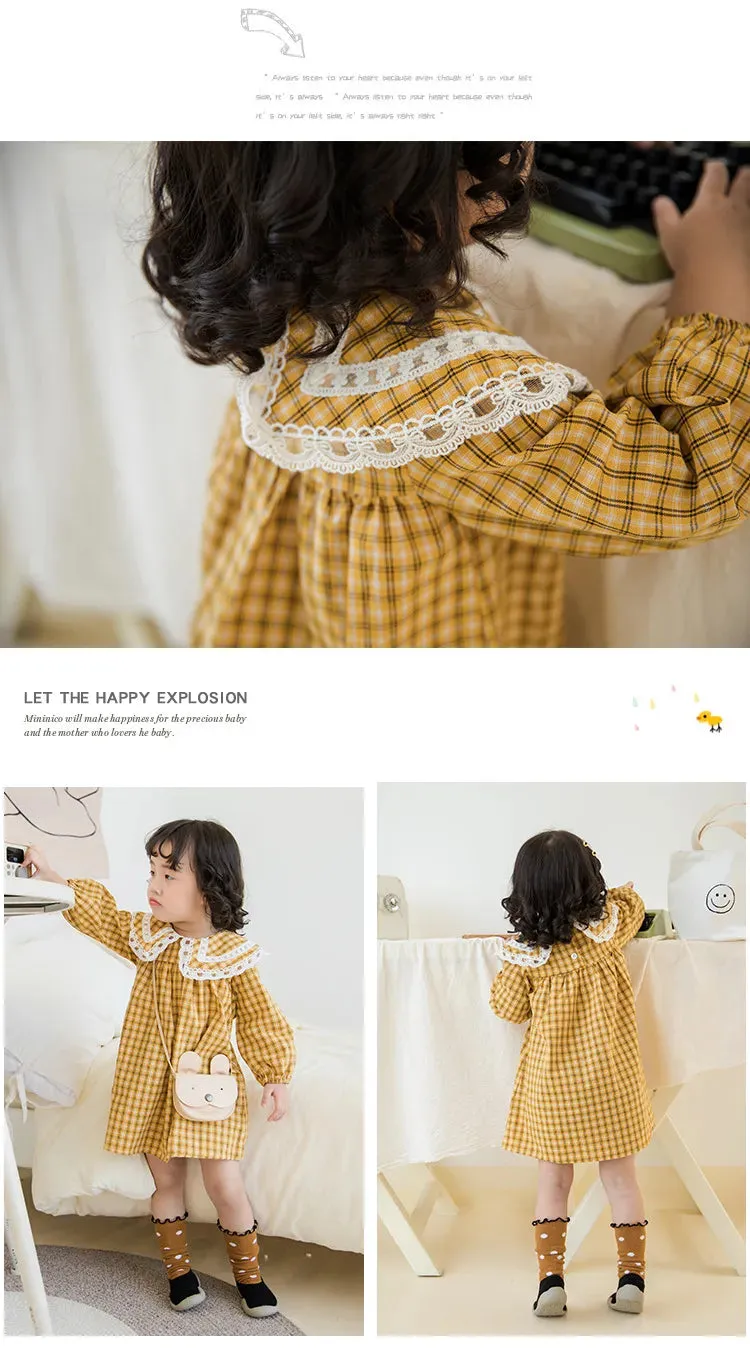 Girl Kids designer clothes Dress Lolita style Long Sleeve Plaid With Traingle Pet Pan Collar Dress Spring Fall Princess Clothing Dress