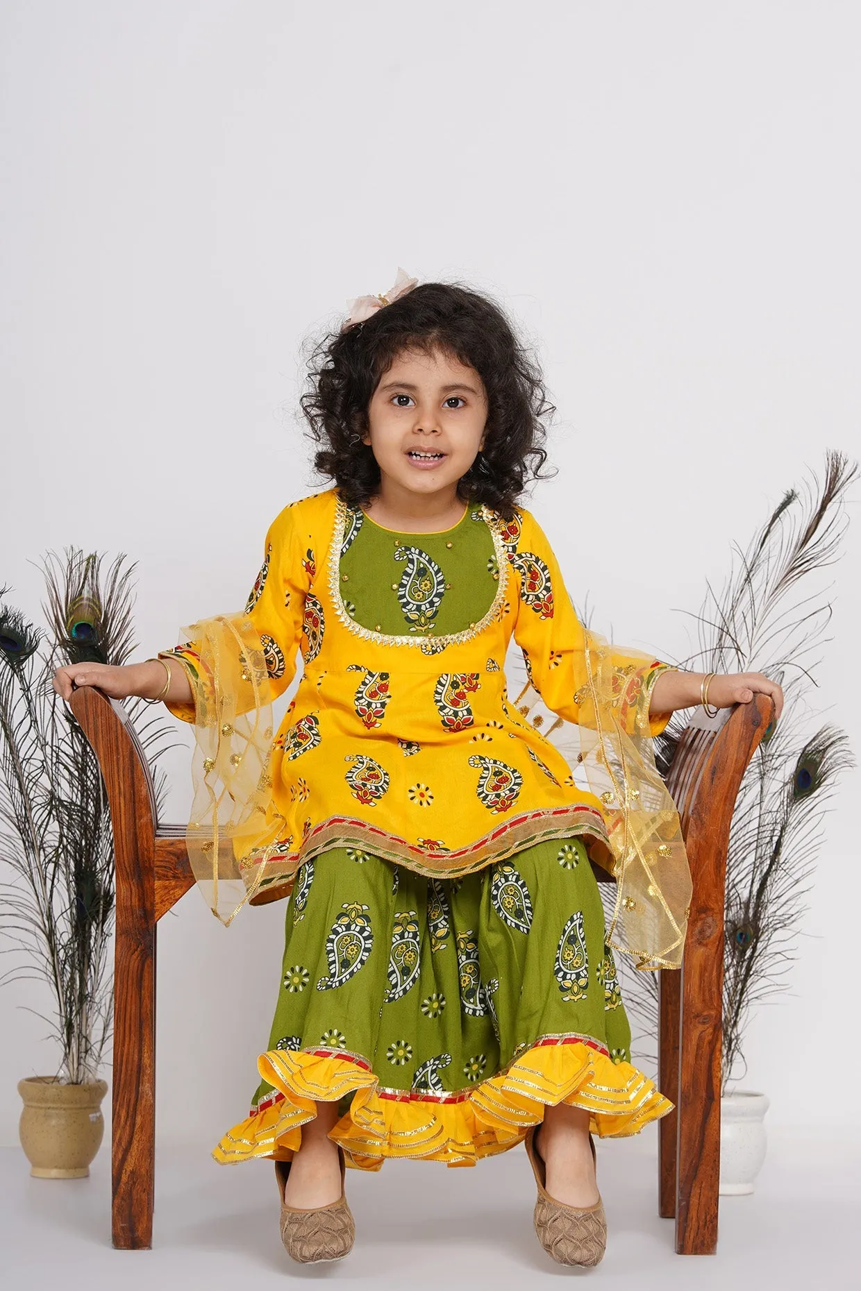 Girl's Cotton Floral Jaipuri Kurta With Gunghroo Work, Frill Sharara And Dupatta - Yellow And Green - Little Bansi Girls