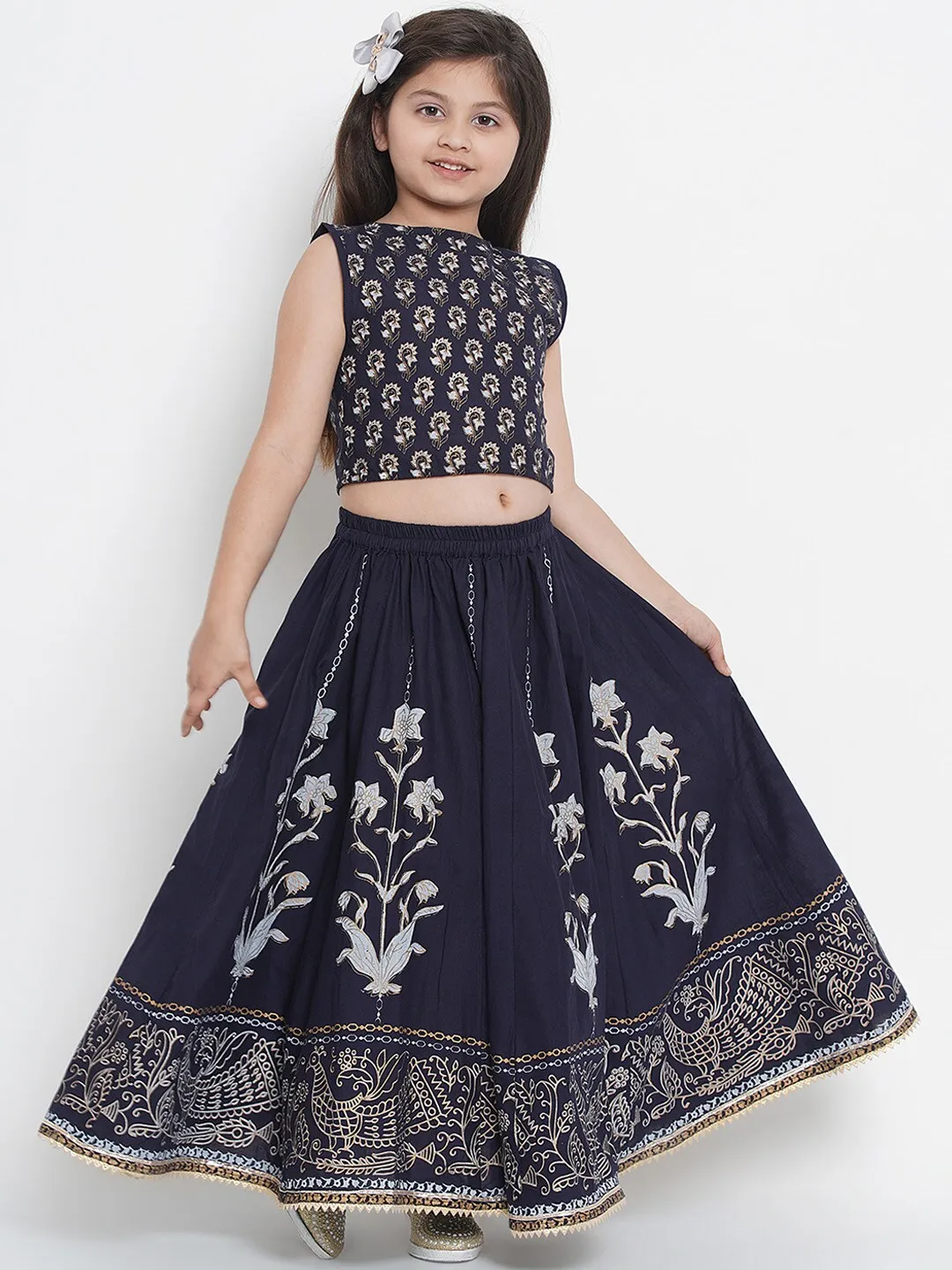 Girls Navy Blue Ready To Wear Lehenga With Blouse - Bitiya By Bhama