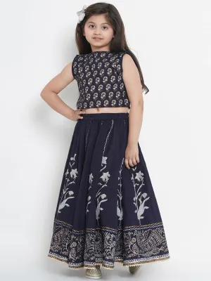 Girls Navy Blue Ready To Wear Lehenga With Blouse - Bitiya By Bhama