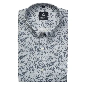 Grey Leaf Printed Wool Cotton Shirt For Men