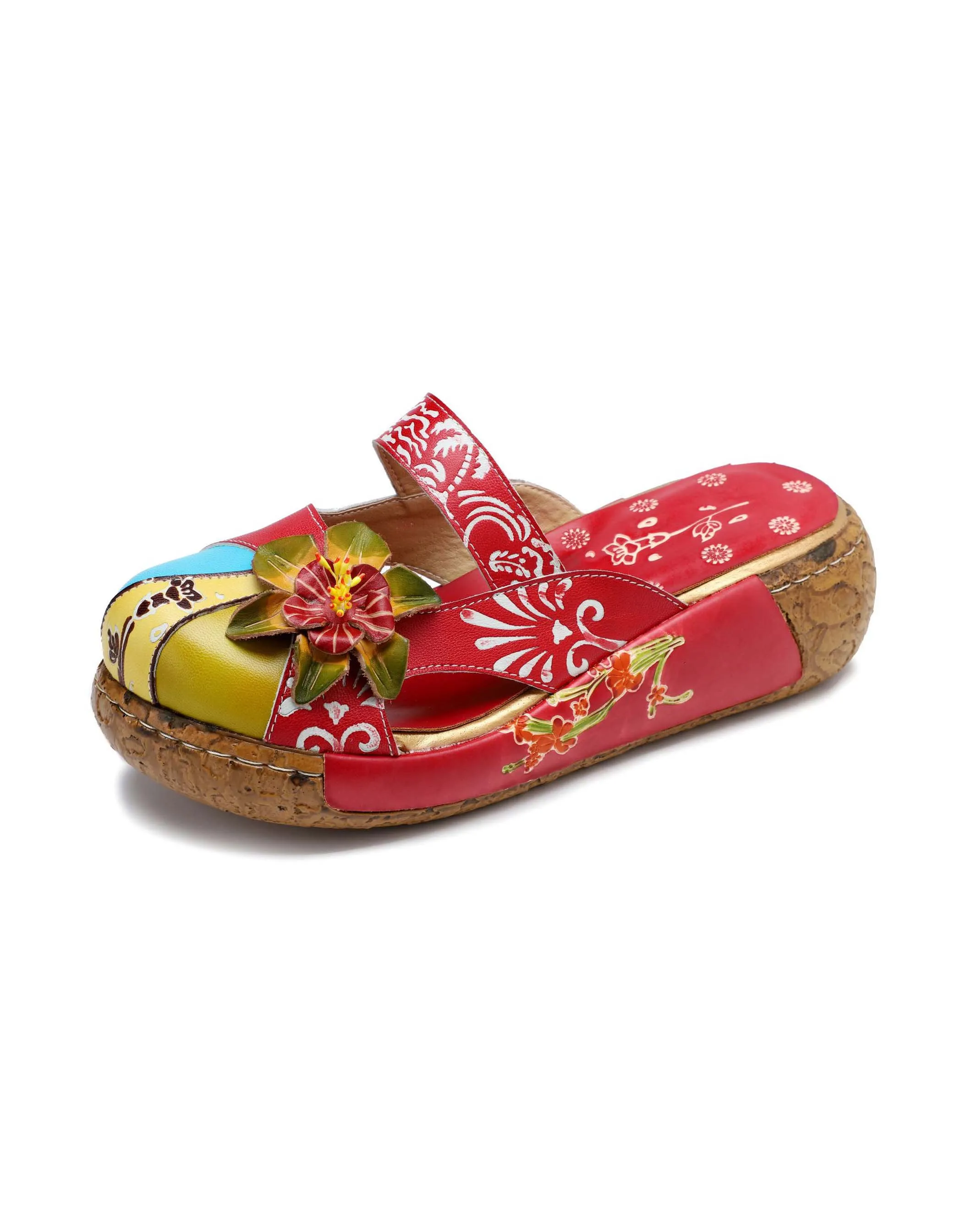 Handmade Printed Leather Summer Platform Slides