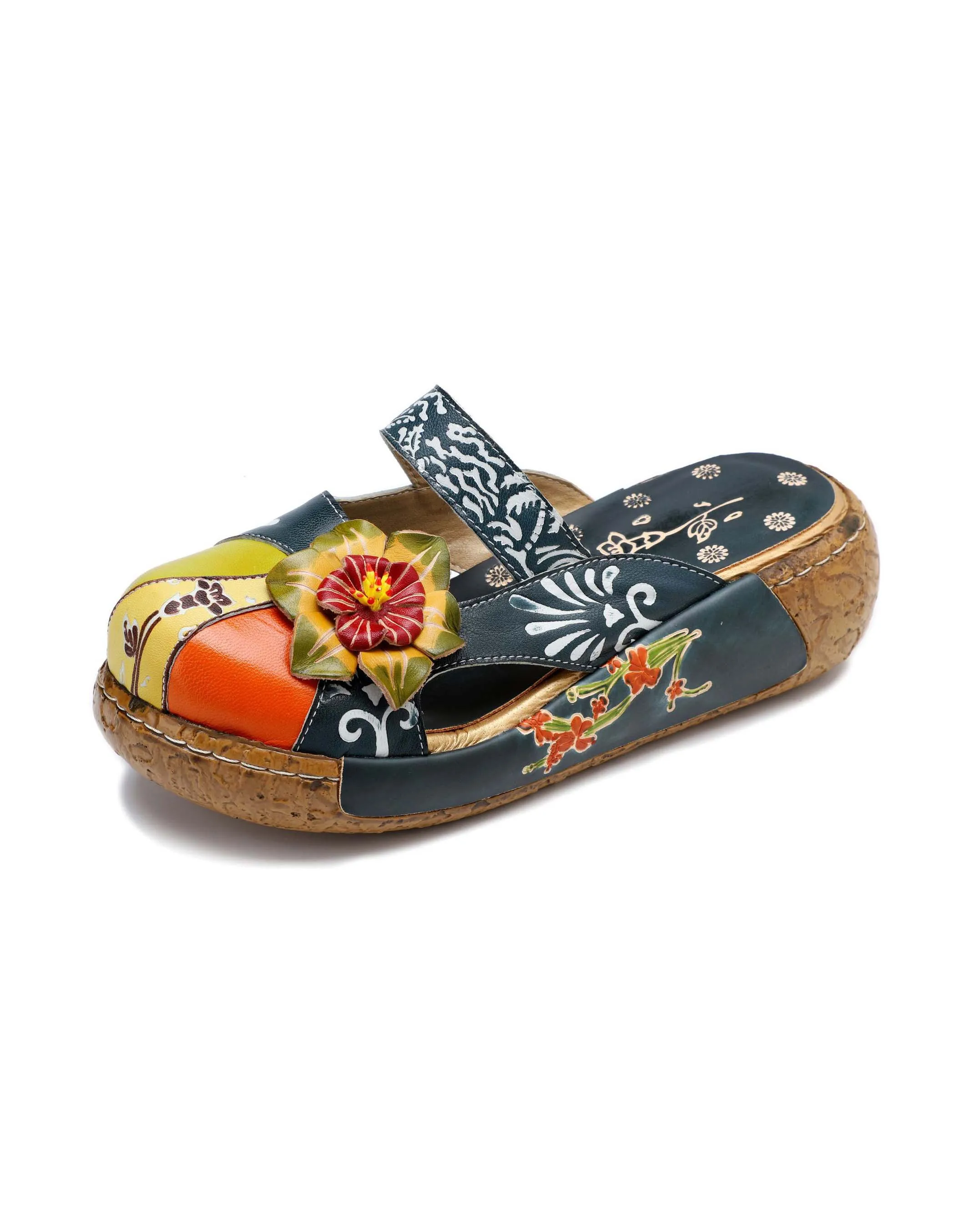 Handmade Printed Leather Summer Platform Slides