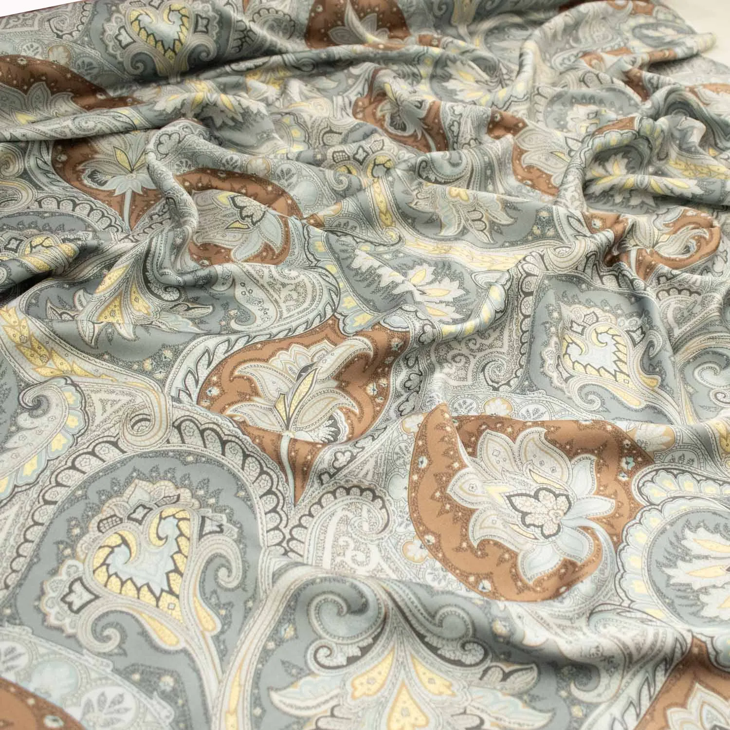 Ice Wash Sateen Prints Design-Silver Paisley Vines