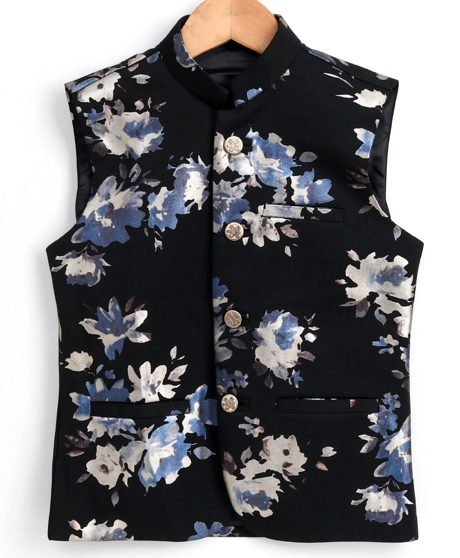 Jashvi BOY'S Digital Foil Printed Black Nehru Jacket