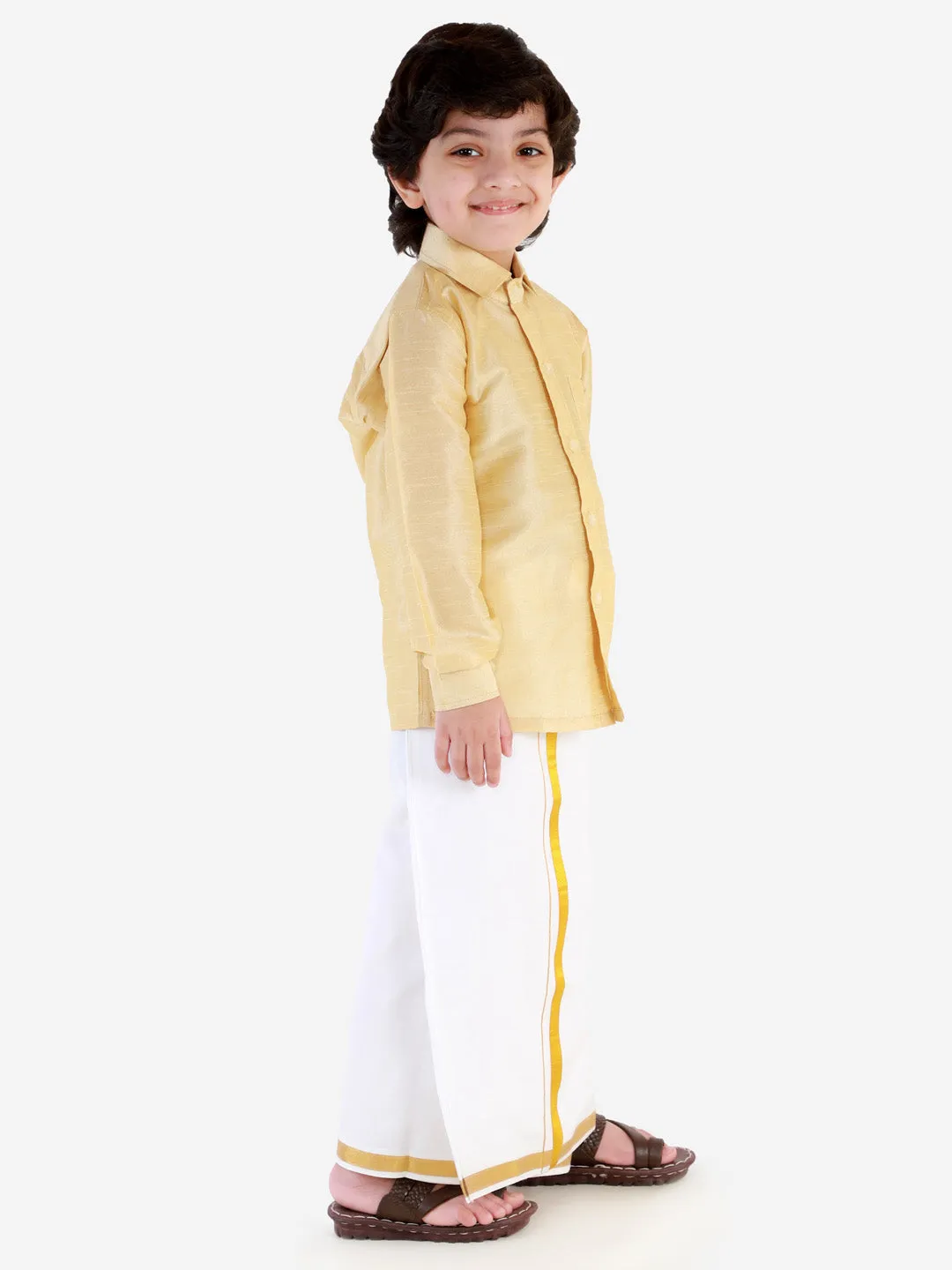 Jashvi Boys' Gold Silk Long Sleeves Ethnic Shirt Mundu Vesty Style Dhoti Pant Set