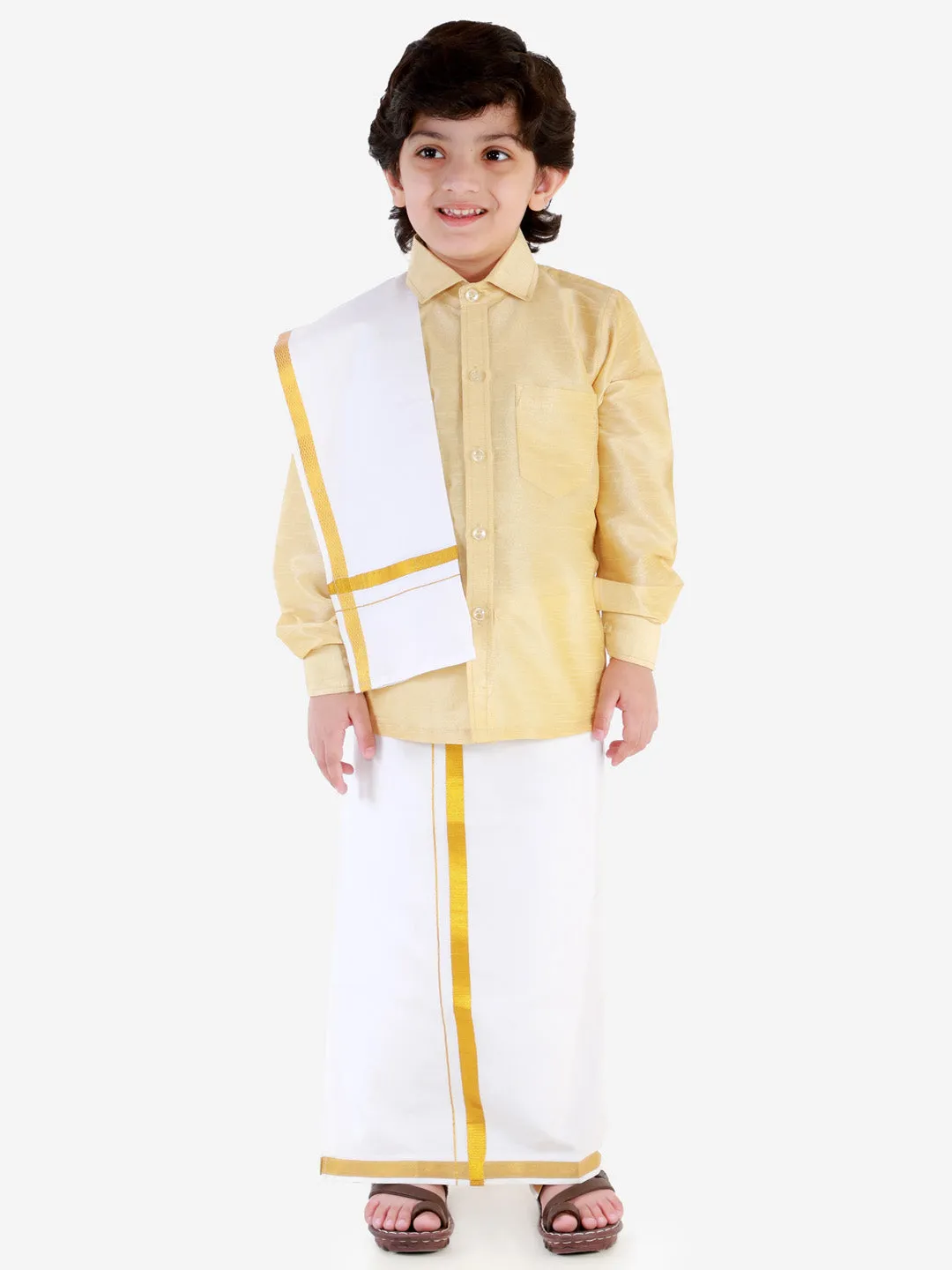 Jashvi Boys' Gold Silk Long Sleeves Ethnic Shirt Mundu Vesty Style Dhoti Pant Set