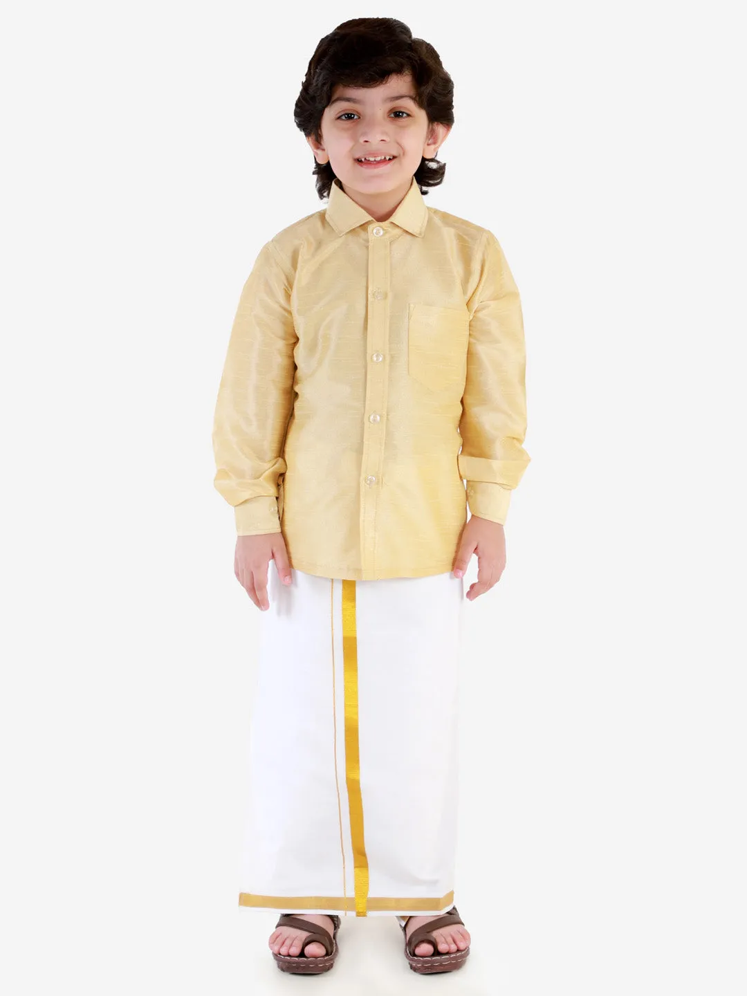 Jashvi Boys' Gold Silk Long Sleeves Ethnic Shirt Mundu Vesty Style Dhoti Pant Set