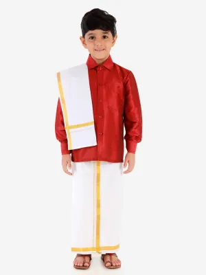 Jashvi Boys' Maroon Silk Long Sleeves Ethnic Shirt Mundu Vesty Style Dhoti Pant Set