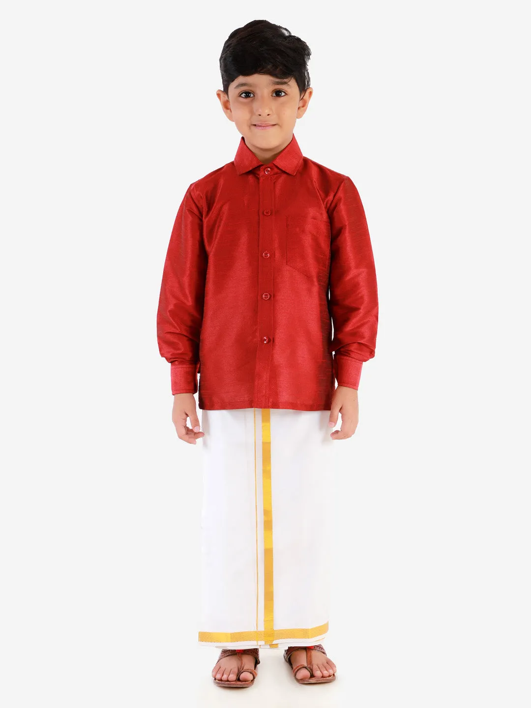 Jashvi Boys' Maroon Silk Long Sleeves Ethnic Shirt Mundu Vesty Style Dhoti Pant Set