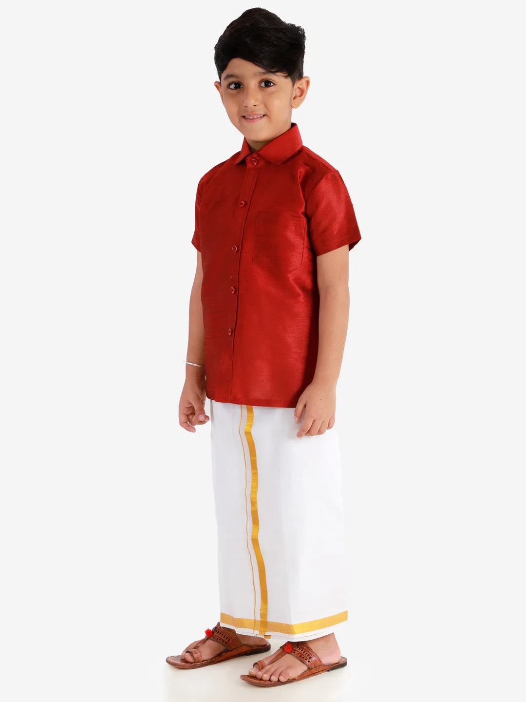 Jashvi Boys' Maroon Silk Short Sleeves Ethnic Shirt Mundu Vesty Style Dhoti Pant Set