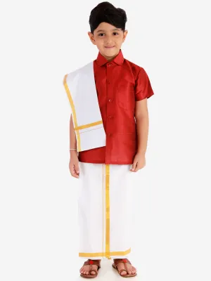 Jashvi Boys' Maroon Silk Short Sleeves Ethnic Shirt Mundu Vesty Style Dhoti Pant Set