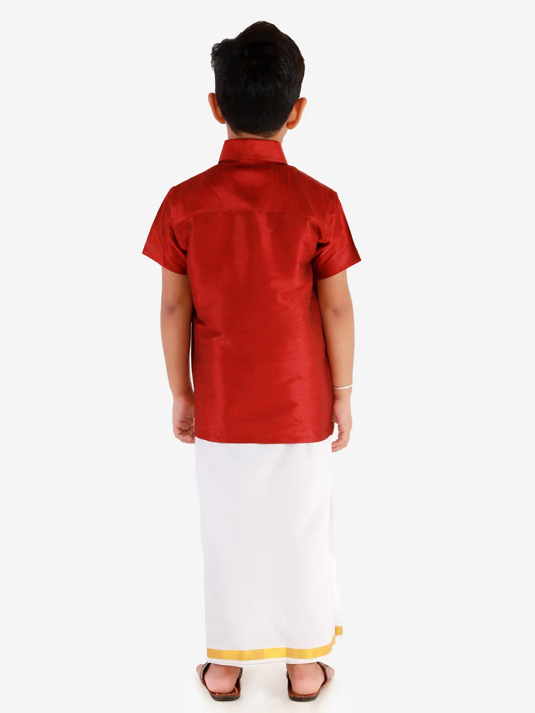 Jashvi Boys' Maroon Silk Short Sleeves Ethnic Shirt Mundu Vesty Style Dhoti Pant Set