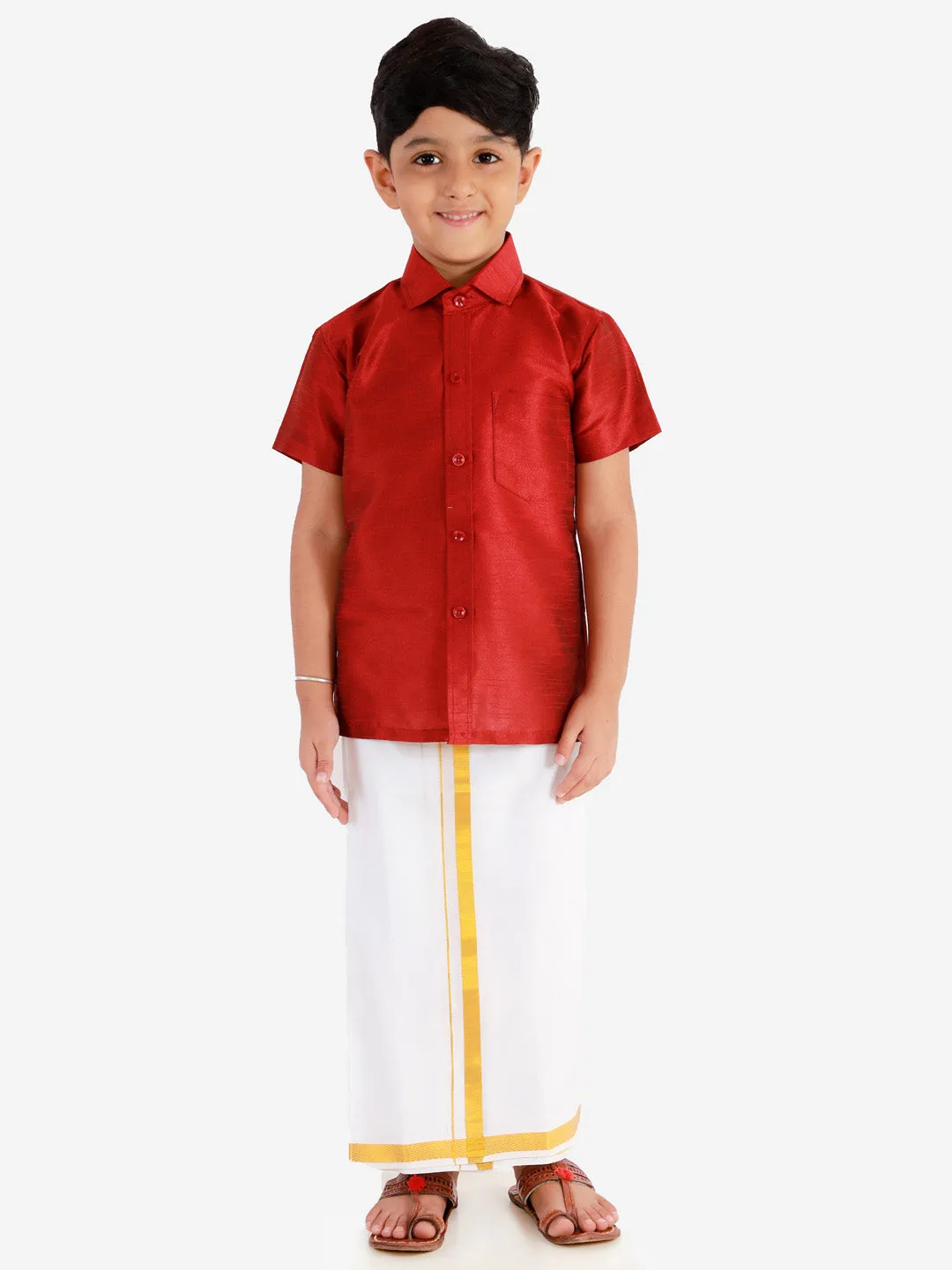 Jashvi Boys' Maroon Silk Short Sleeves Ethnic Shirt Mundu Vesty Style Dhoti Pant Set