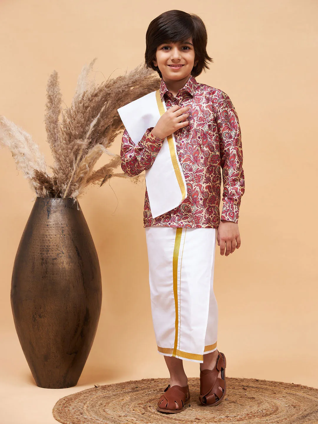 Jashvi Boys' Multi Silk Long Sleeves Ethnic Shirt Mundu Vesty Style Dhoti Pant Set