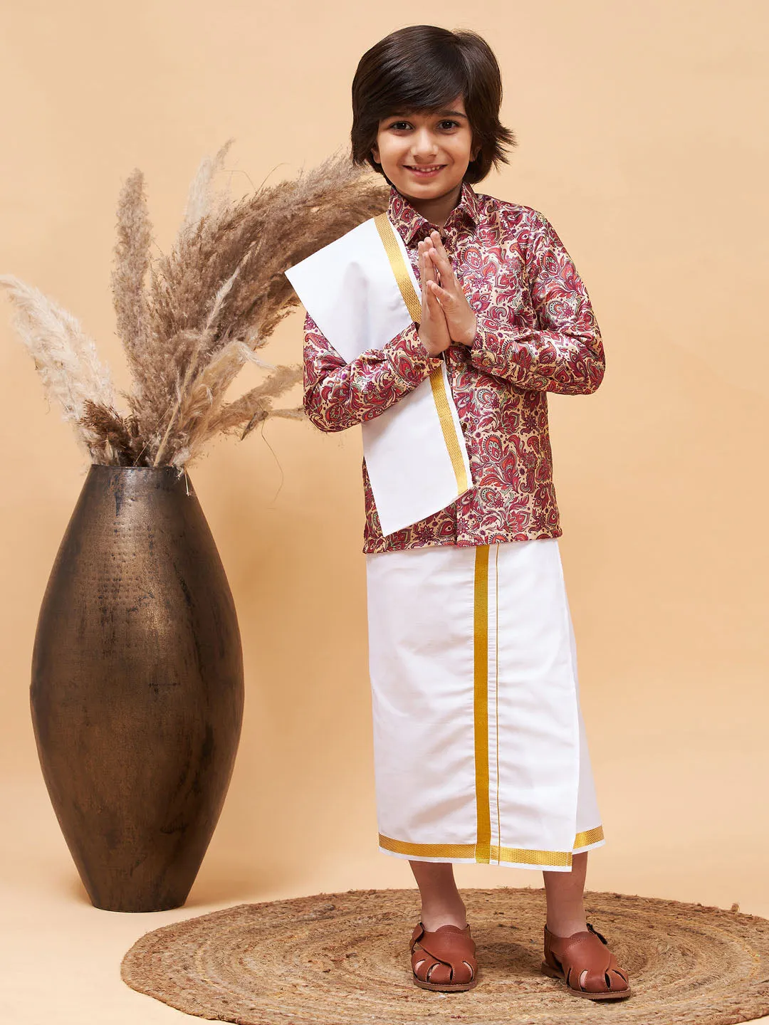 Jashvi Boys' Multi Silk Long Sleeves Ethnic Shirt Mundu Vesty Style Dhoti Pant Set