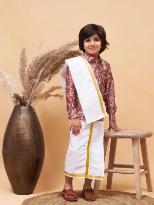 Jashvi Boys' Multi Silk Long Sleeves Ethnic Shirt Mundu Vesty Style Dhoti Pant Set