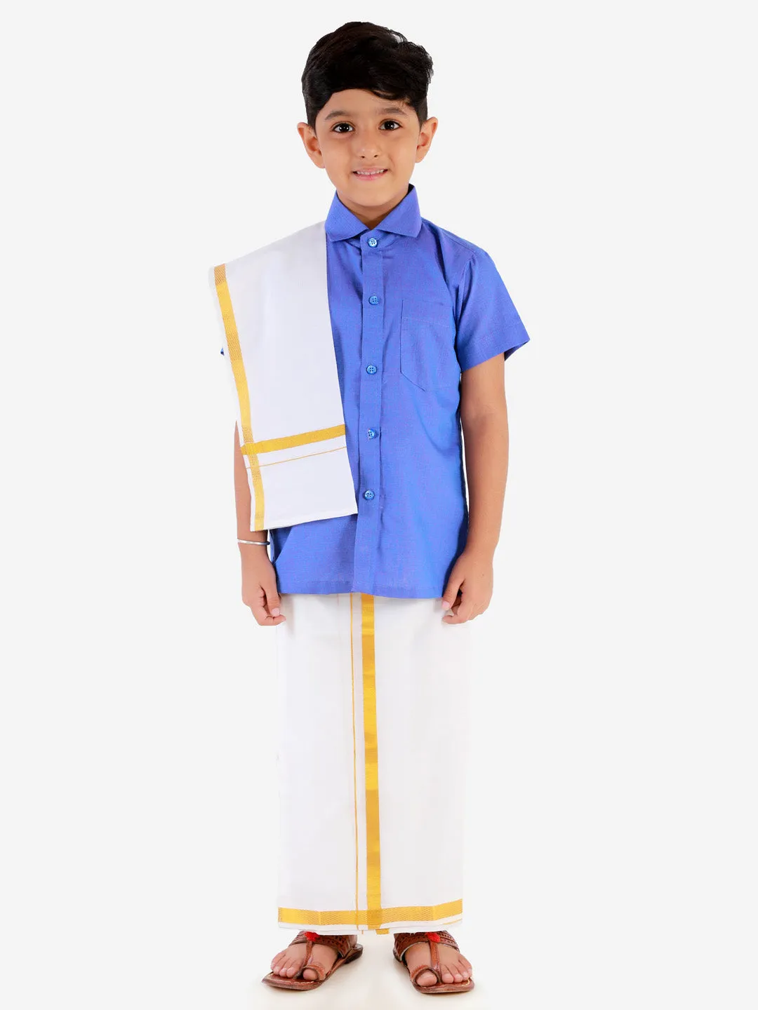 Jashvi Boys' Teal Blue Cotton Short Sleeves Ethnic Shirt Mundu Vesty Style Dhoti Pant Set