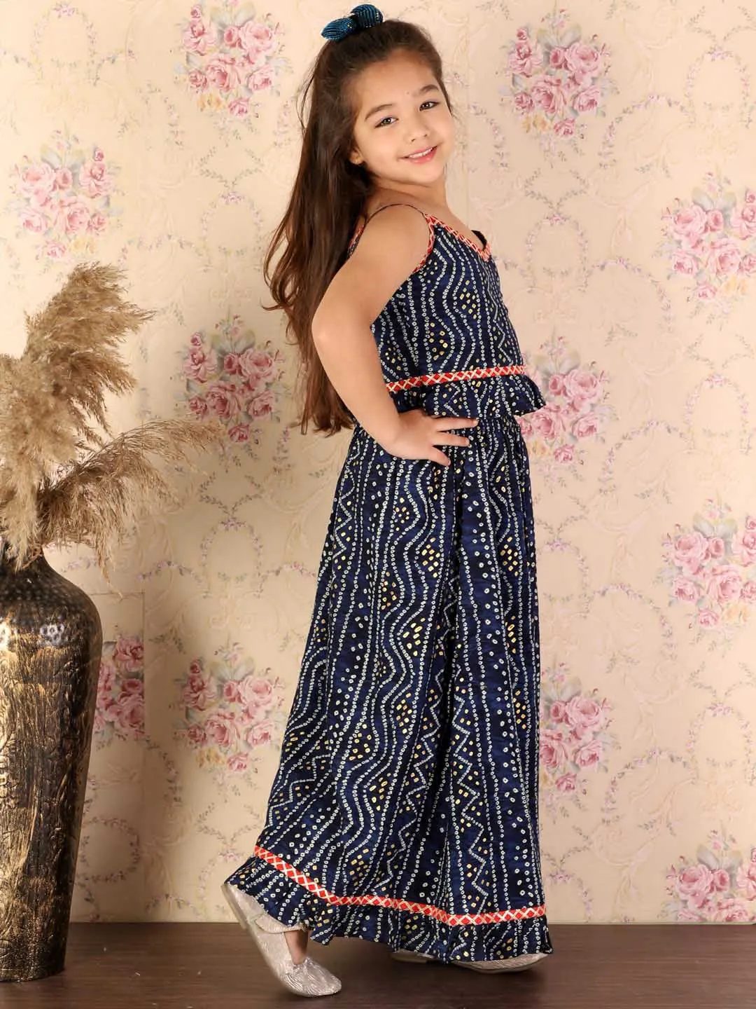 Jashvi Girl's Blue Bandhani Top And Long Skirt Set