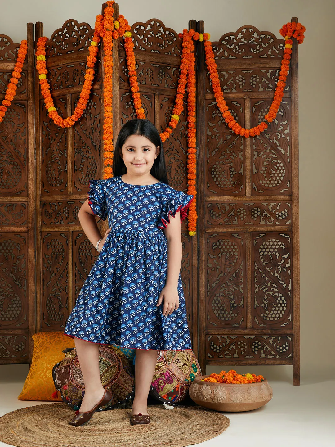 Jashvi Girl's Blue Printed Frock