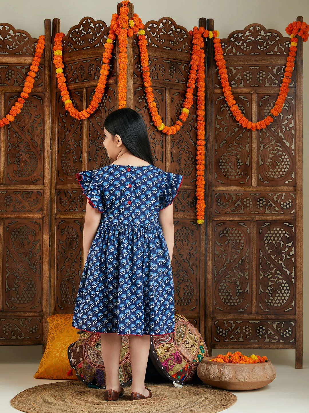 Jashvi Girl's Blue Printed Frock