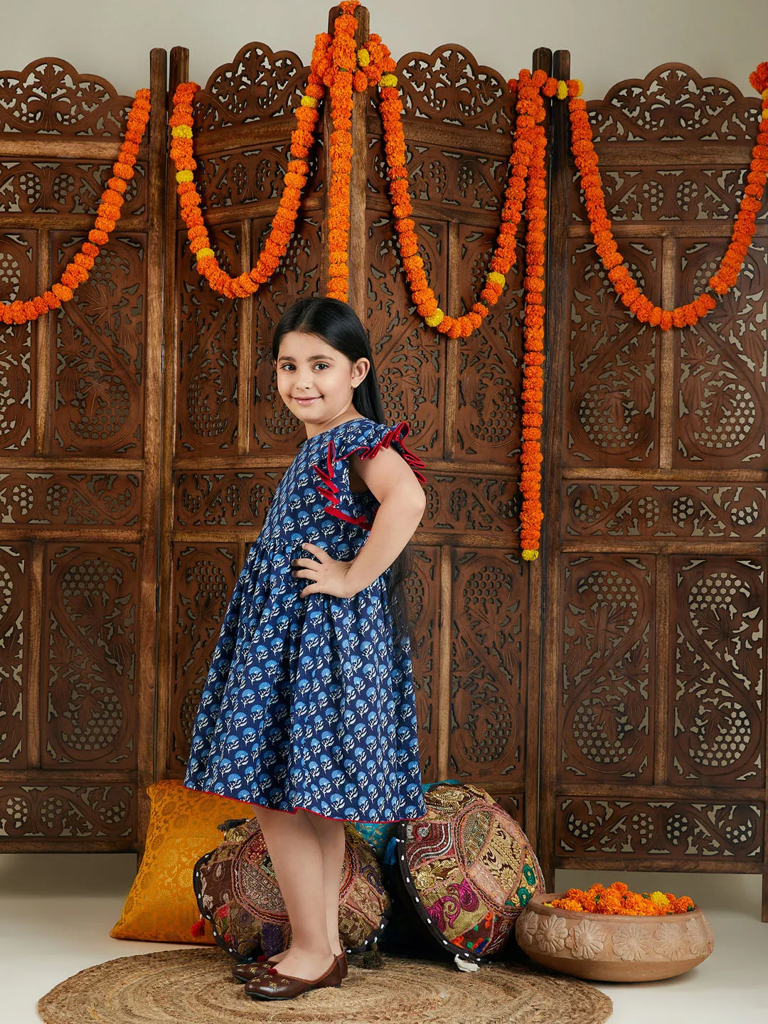 Jashvi Girl's Blue Printed Frock