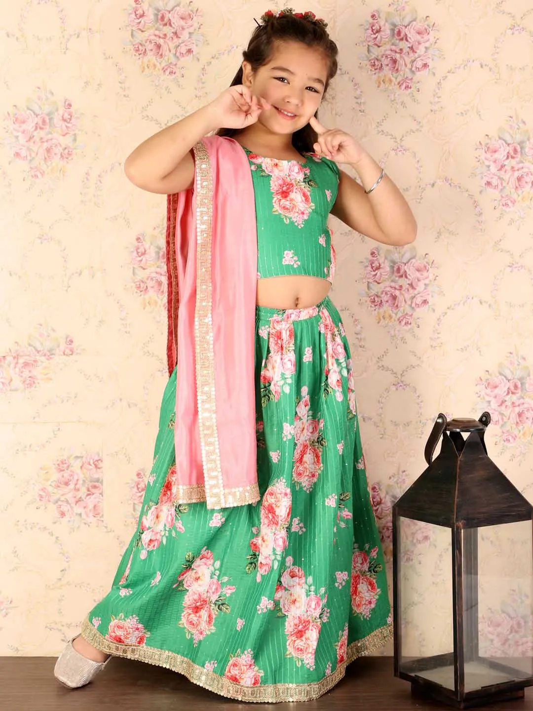 Jashvi Girl's Green Embellished Lehenga Set