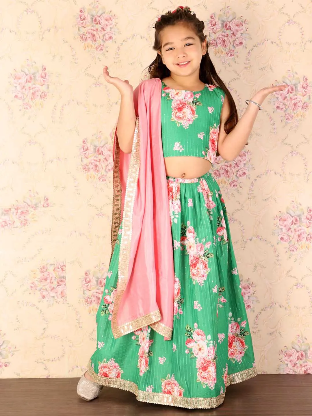 Jashvi Girl's Green Embellished Lehenga Set