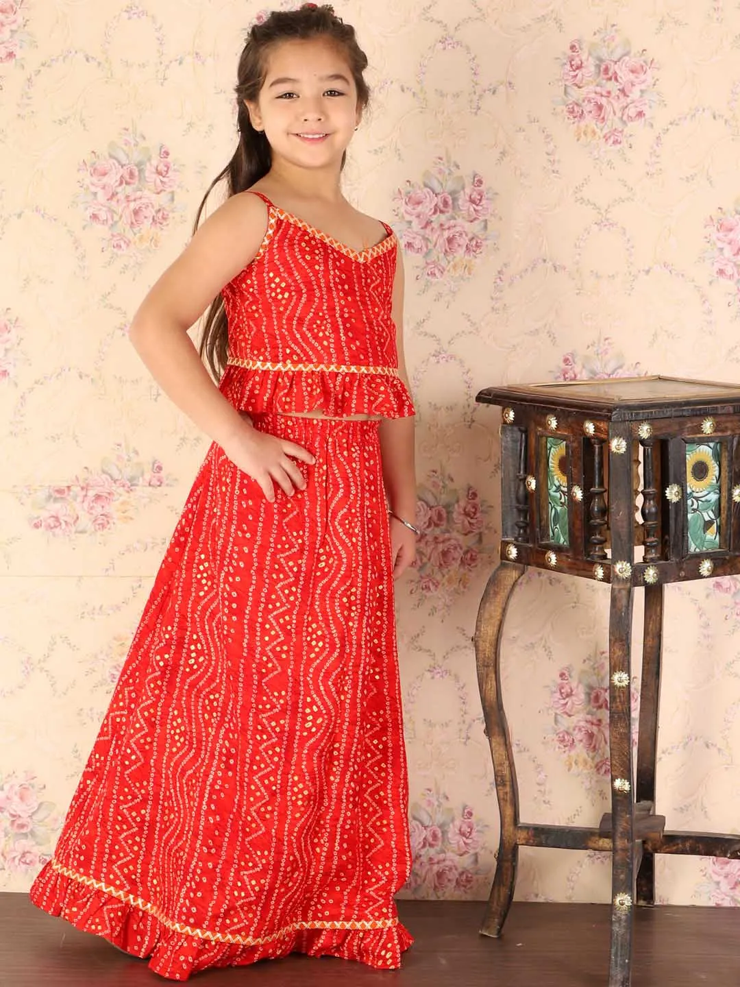 Jashvi Girl's Maroon Bandhani Top And Long Skirt Set