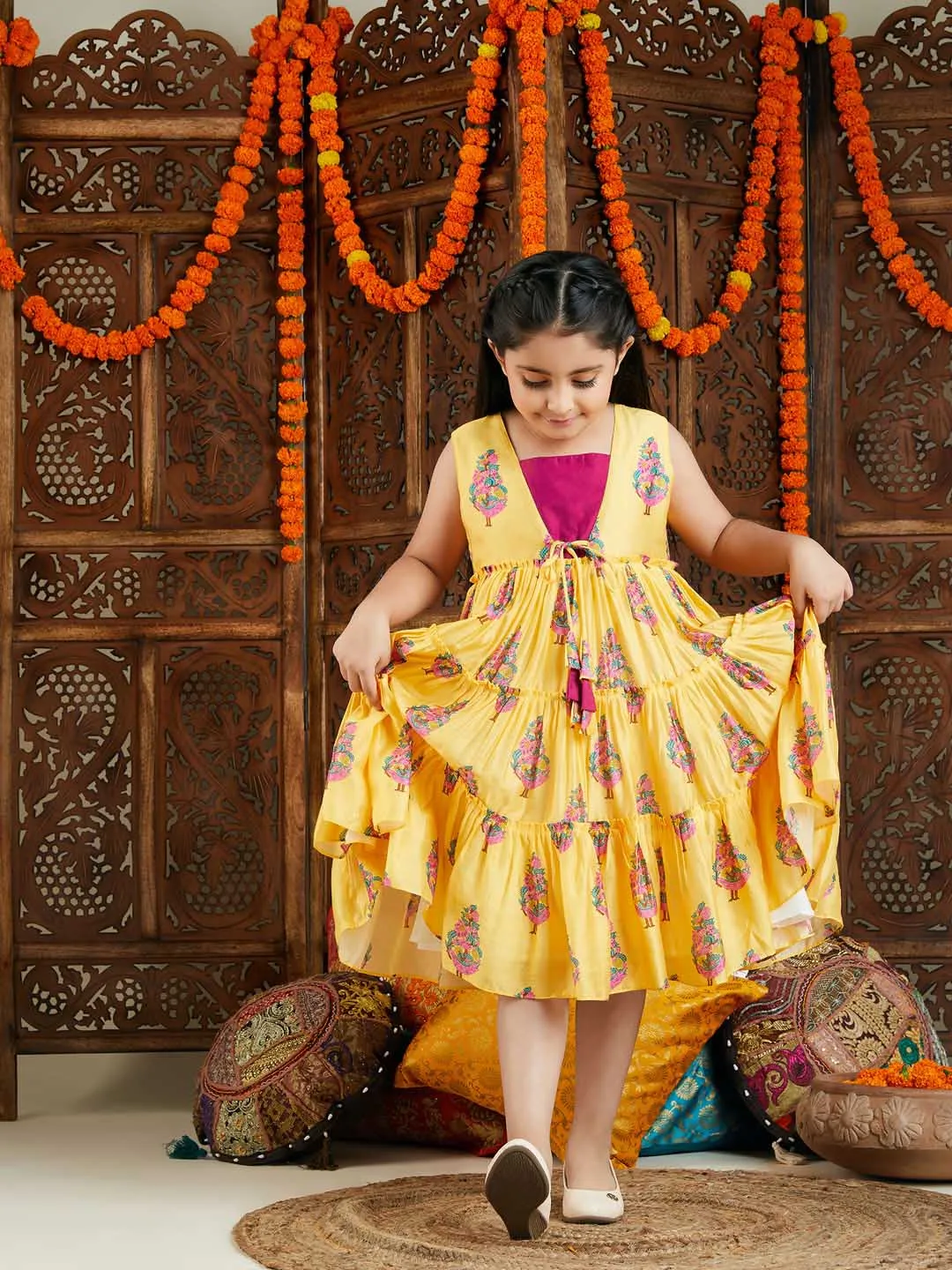 Jashvi Girl's Yellow And Pink Ethnic Dress