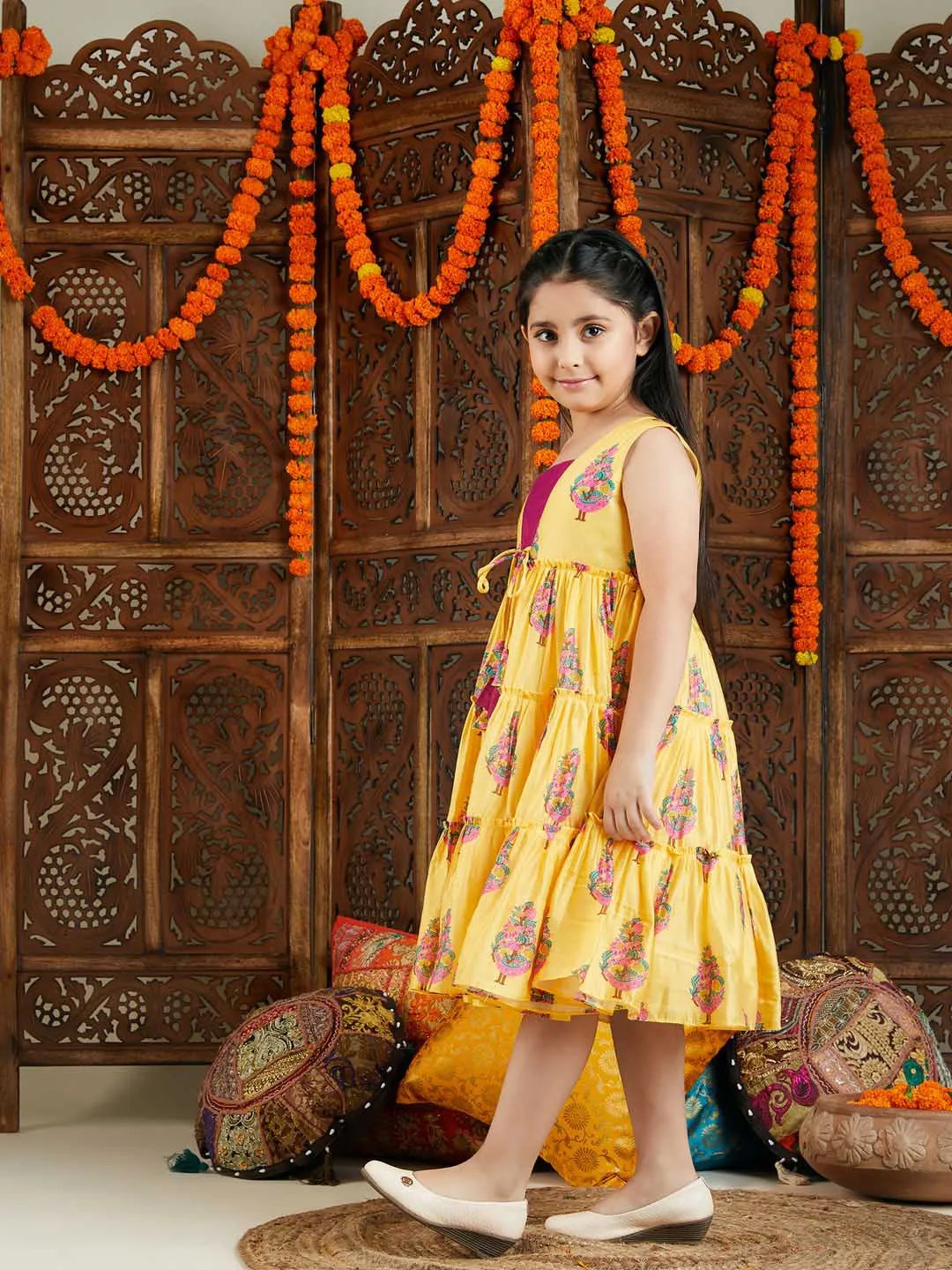 Jashvi Girl's Yellow And Pink Ethnic Dress