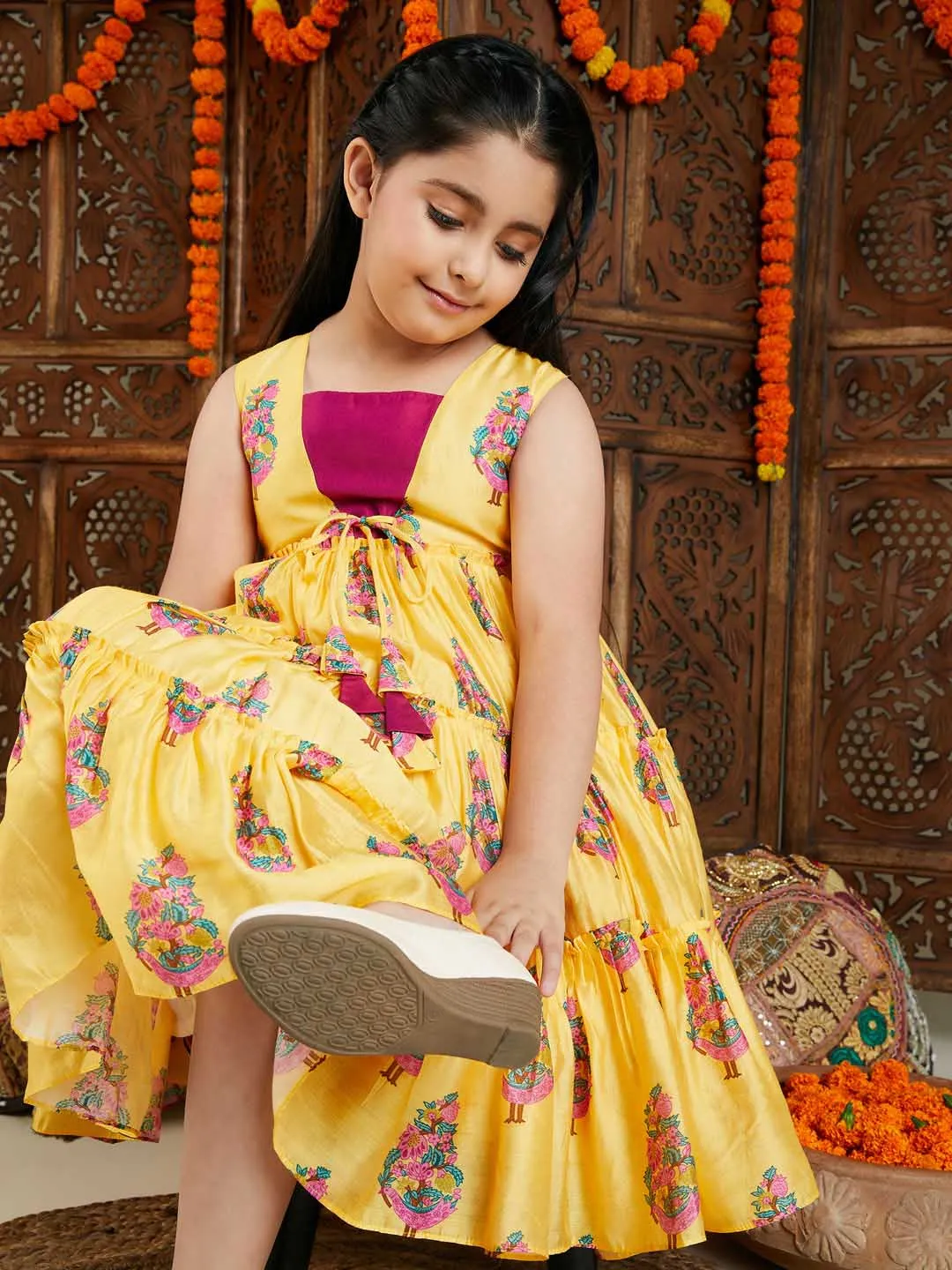 Jashvi Girl's Yellow And Pink Ethnic Dress