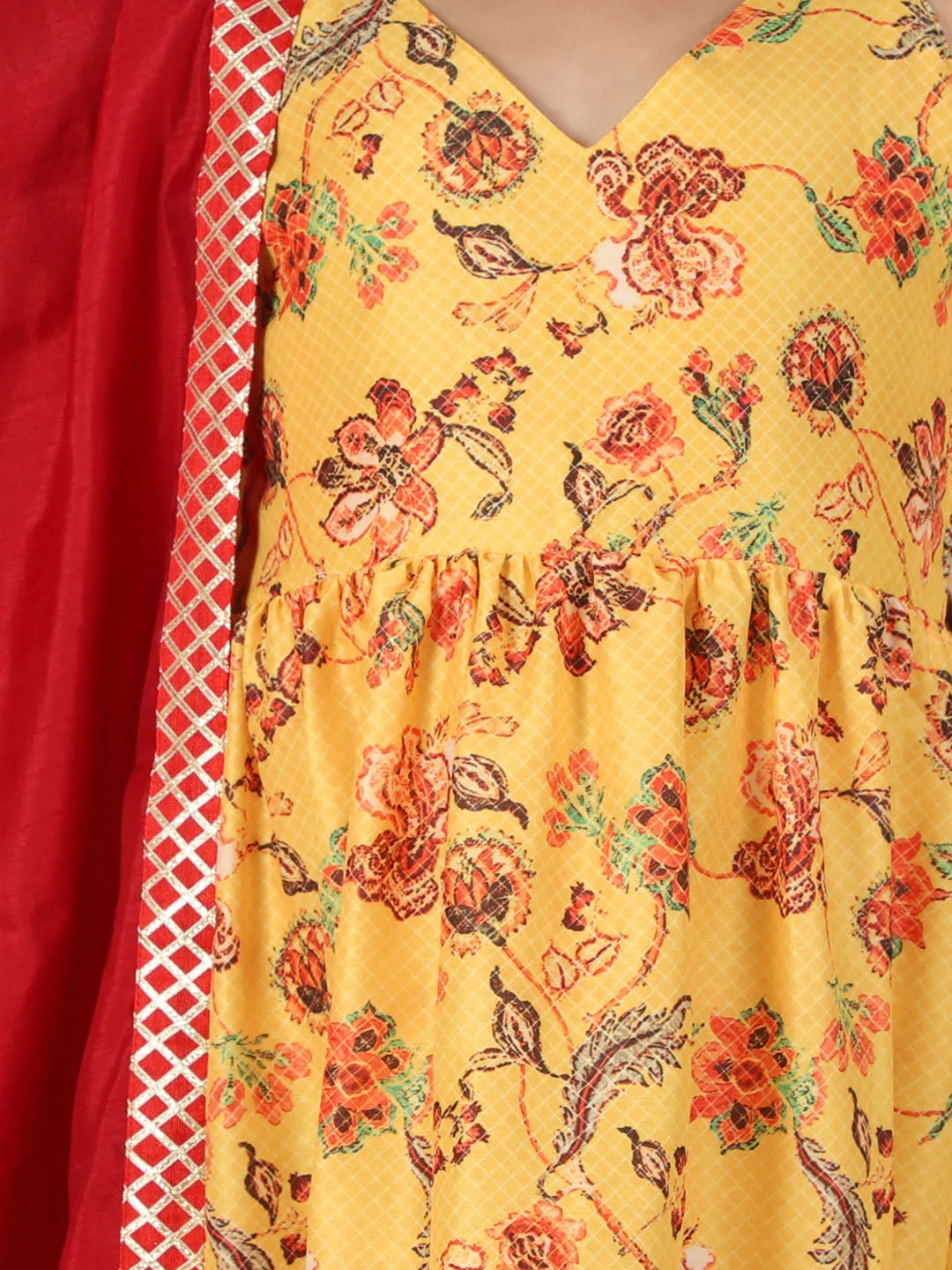 Jashvi Girl's Yellow Floral Print Anarkali Kurta With Dupatta