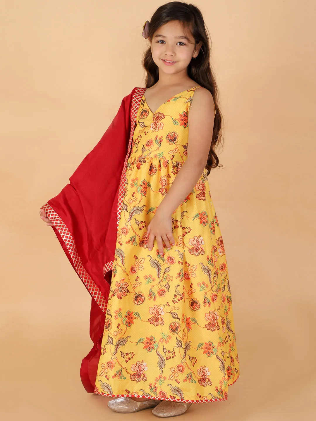 Jashvi Girl's Yellow Floral Print Anarkali Kurta With Dupatta