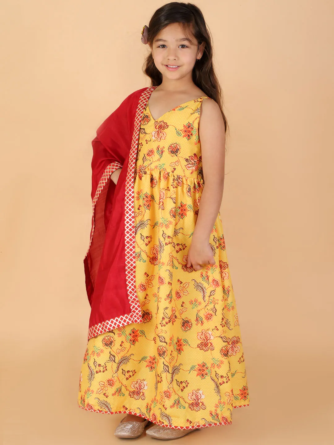 Jashvi Girl's Yellow Floral Print Anarkali Kurta With Dupatta