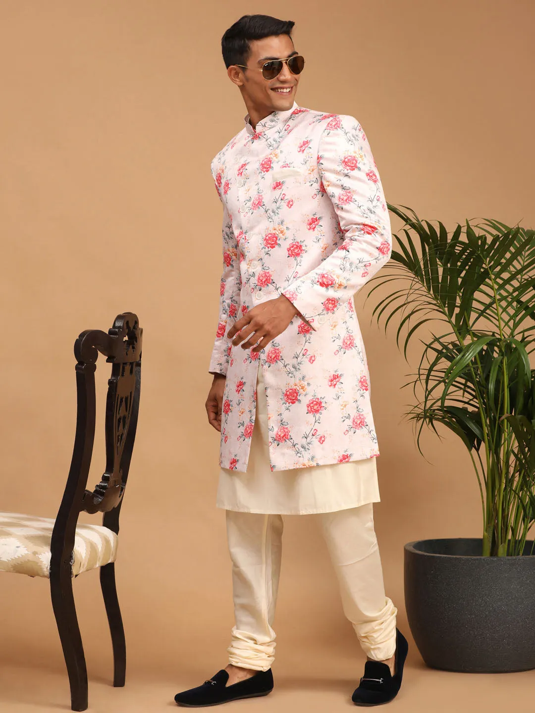 Jashvi Men's Multicolor Base Peach Silk Blend Sherwani Top