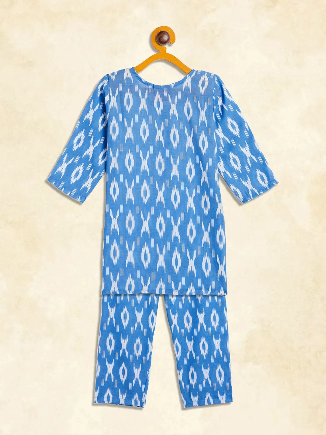 Jashvi SISHU Girls' Aqua Blue Ikkat Print Kurta Pant set