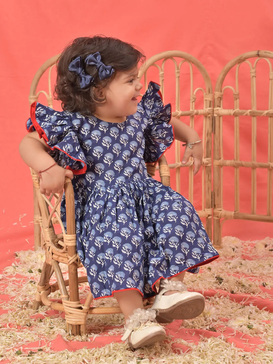 Jashvi SISHU Girl's Blue Cotton Printed Dress