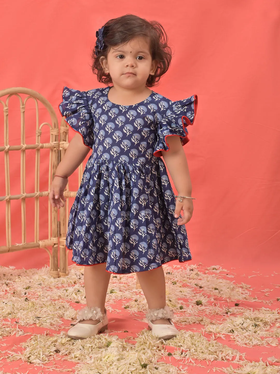 Jashvi SISHU Girl's Blue Cotton Printed Dress