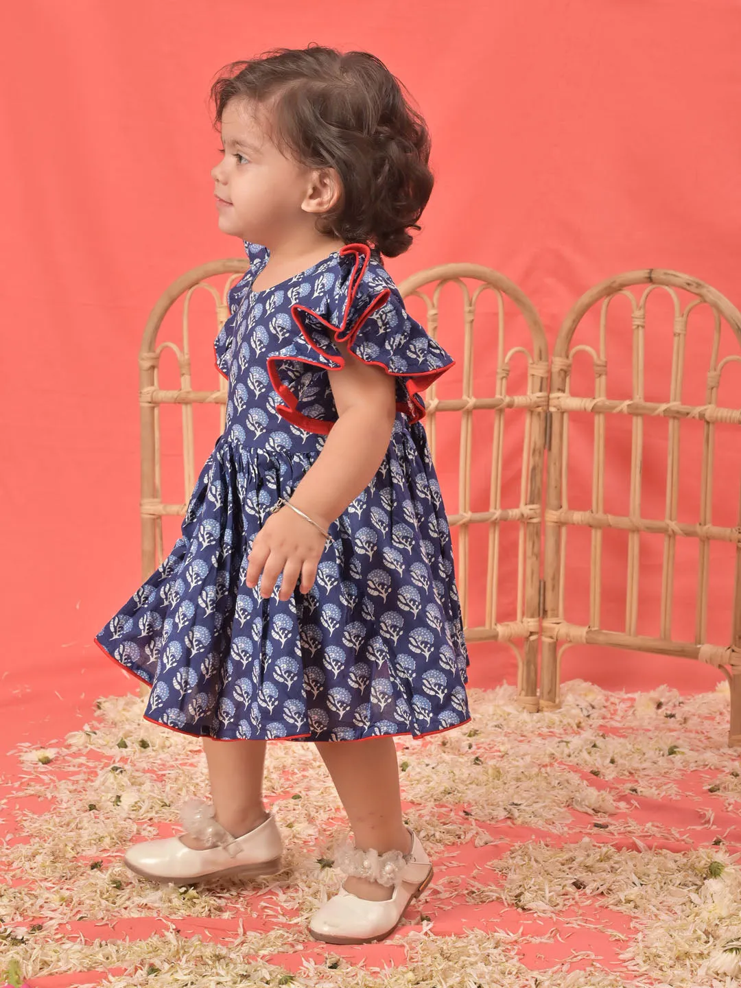 Jashvi SISHU Girl's Blue Cotton Printed Dress