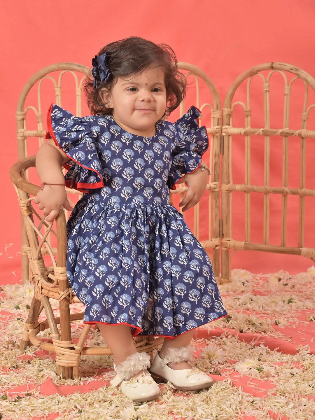 Jashvi SISHU Girl's Blue Cotton Printed Dress