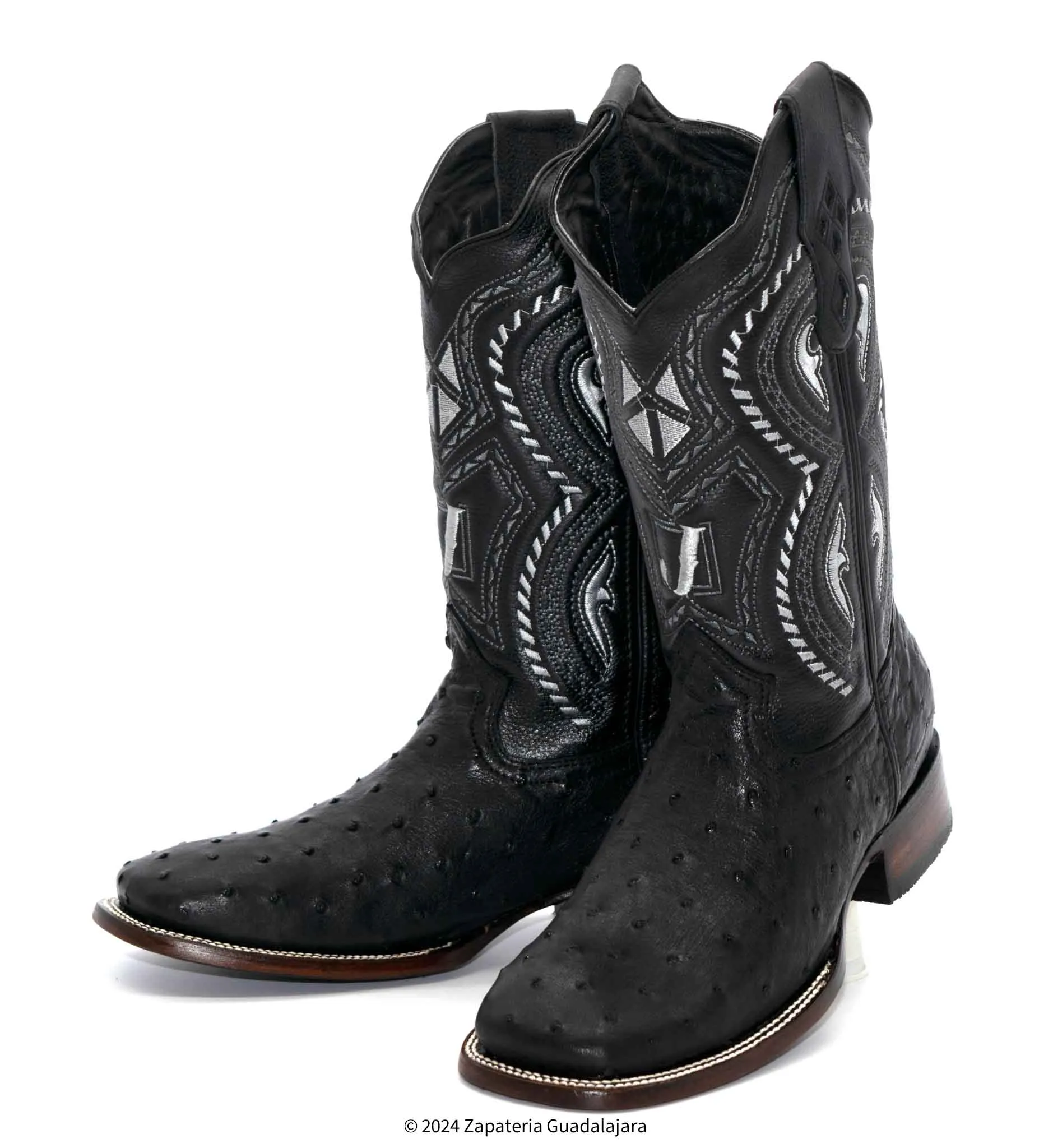 JB703 MEN WIDE SQUARE TOE OSTRICH BLACK BOOT