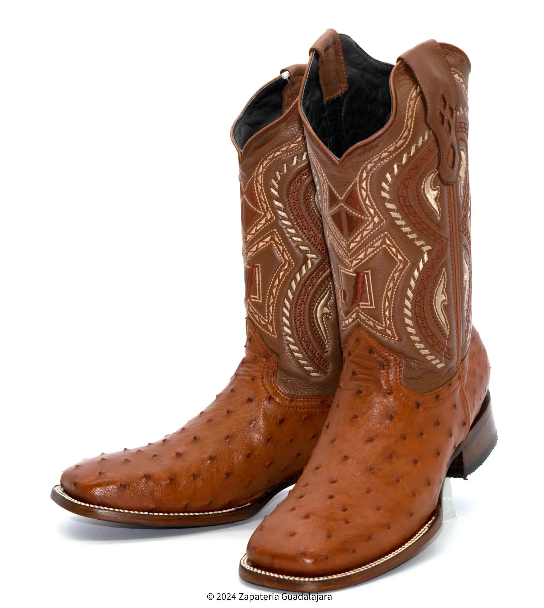 JB703 MEN WIDE SQUARE TOE OSTRICH COGNAC BOOT