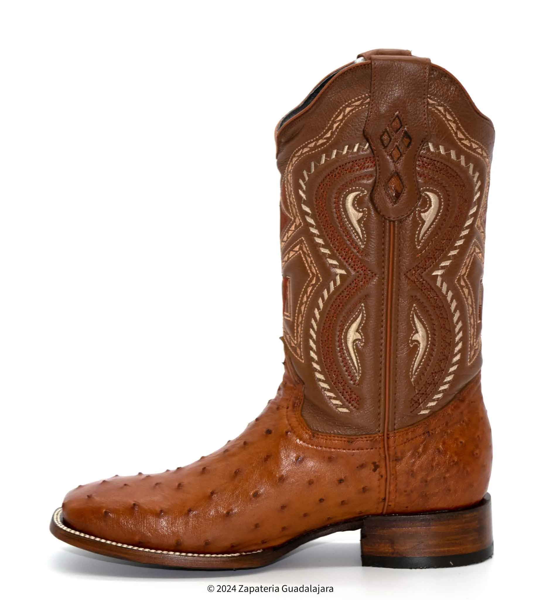 JB703 MEN WIDE SQUARE TOE OSTRICH COGNAC BOOT