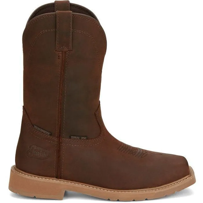 Justin Men's Buster 11" Steel WP Western Work Boot -Brown- SE3101