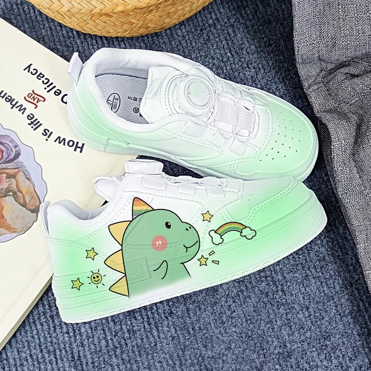 Kawaii Cartoon Dinosaurs Student Sneakers Kids Size with Rotating Automatic Buckle