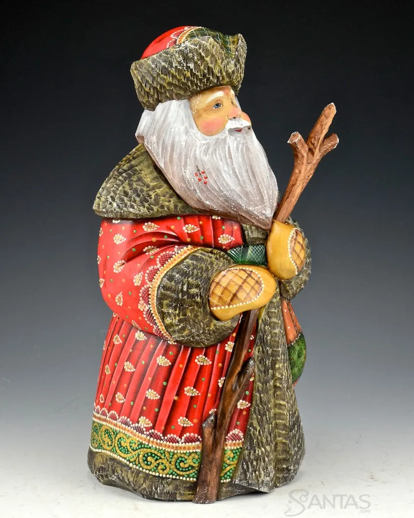 Large Red Russian Santa with Walking Stick